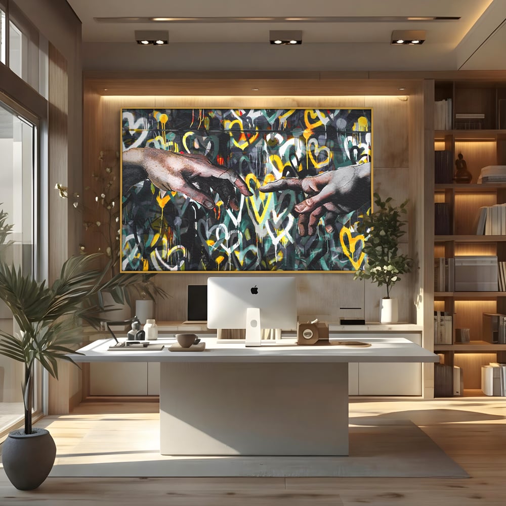 Tablou canvas cu tablou canvas cu maini si inimi, in rama de aluminiu auriu, pe perete intr-un birou